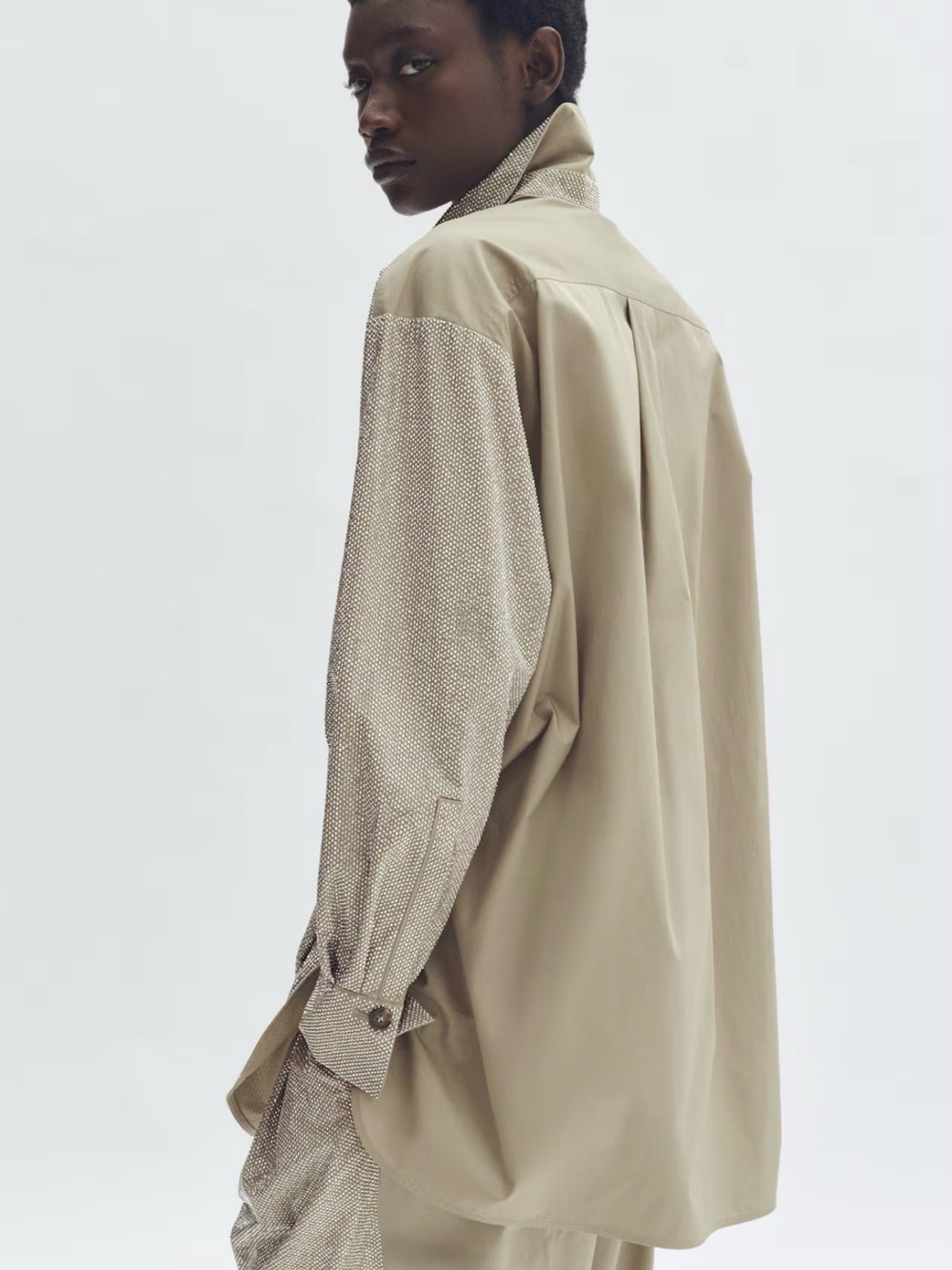 Stella McCartney Beige Two-Tone Oversized Shirt Embellished Long Sleeve